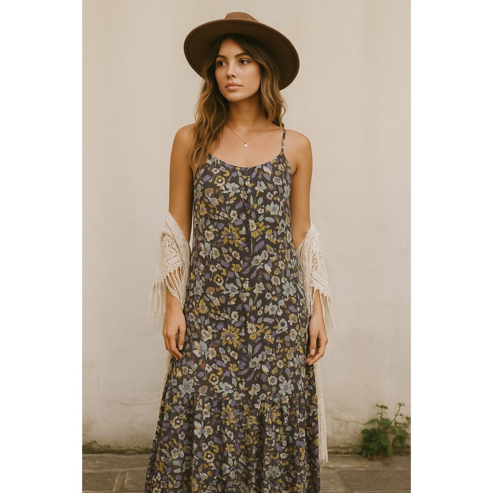 Melloday Floral Maxi Dress Size M Boho Tiered Spaghetti Strap